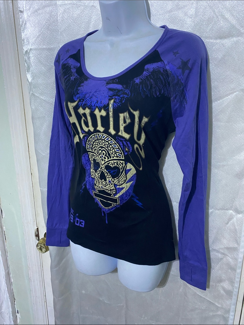 Harley-Davidson Black & Purple Skull Graphic Long Sleeve Tee